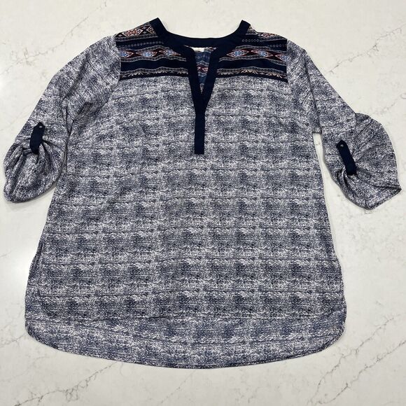 Antilia Femme Womens 1X Navy Blue Aztec Southwest Roll Tab 3/4 Sleeve Top Shirt - Picture 1 of 11